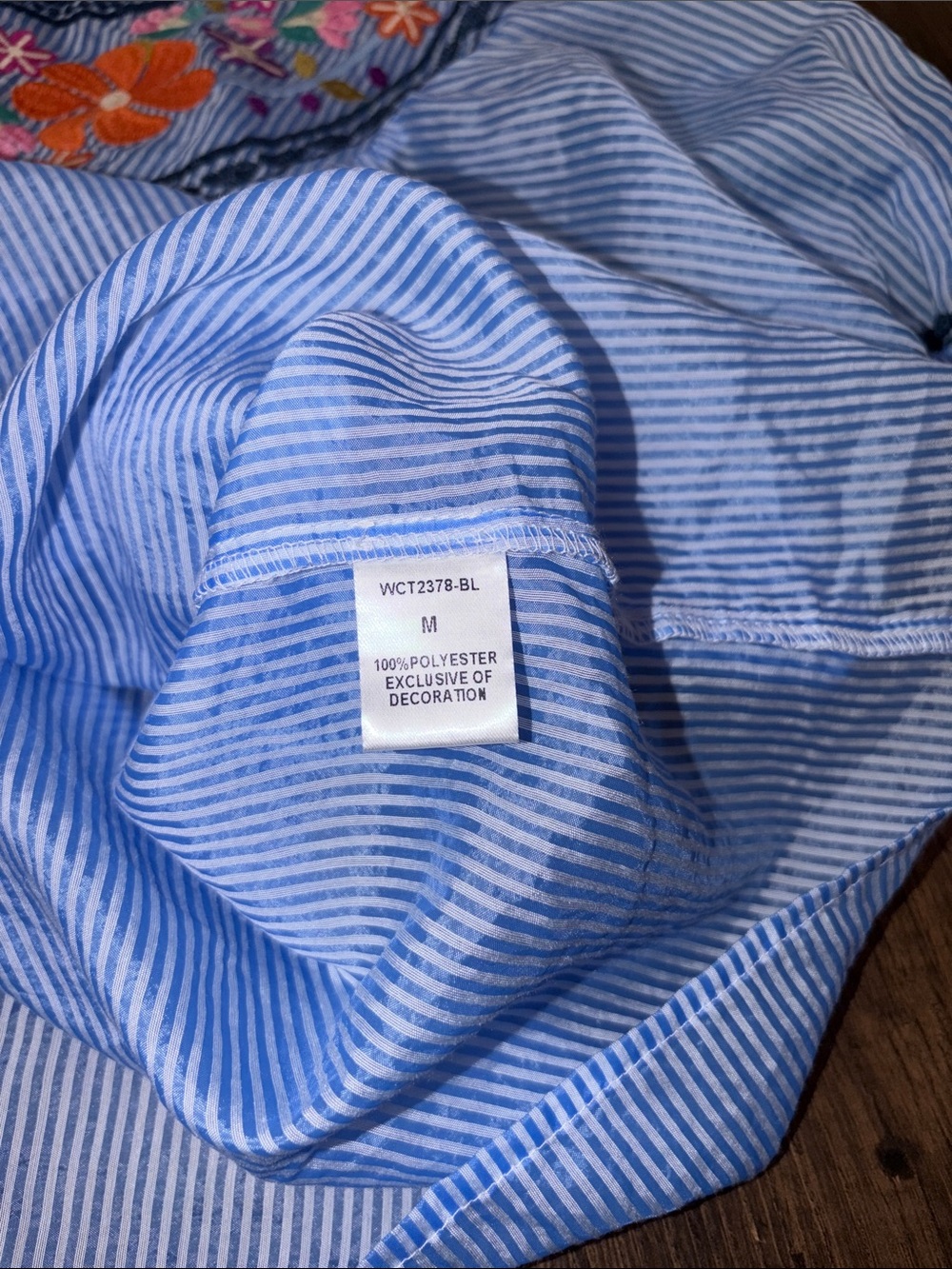 NWOT THML Light Blue Striped Puff-Sleeve Top with Floral Embroidery - Picture 7 of 9